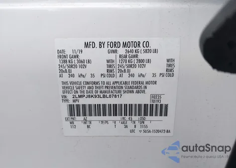 2020 Lincoln Nautilus Reserve z USA, uszkodzony, nr VIN 2LMPJ8K93LBL07817